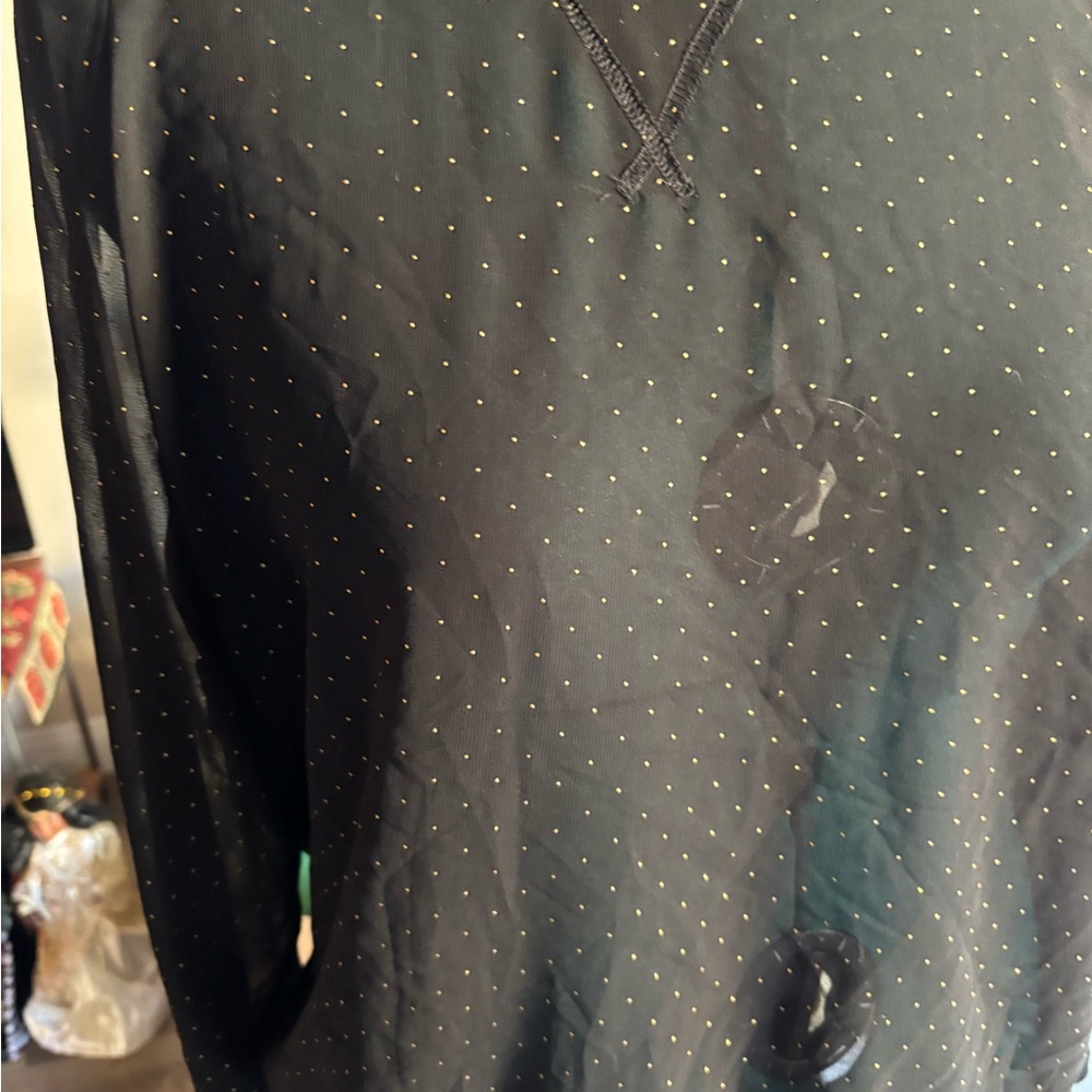 Ellen Tracy Black Blouse with Gold Dots XL semi sheer